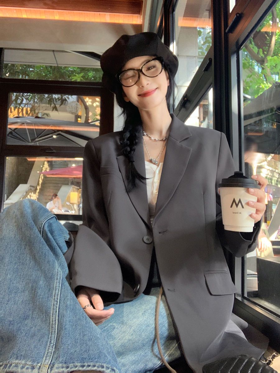 灰色西裝外套女2024春秋新款小個子休閒時尚百搭潮流設計感上衣