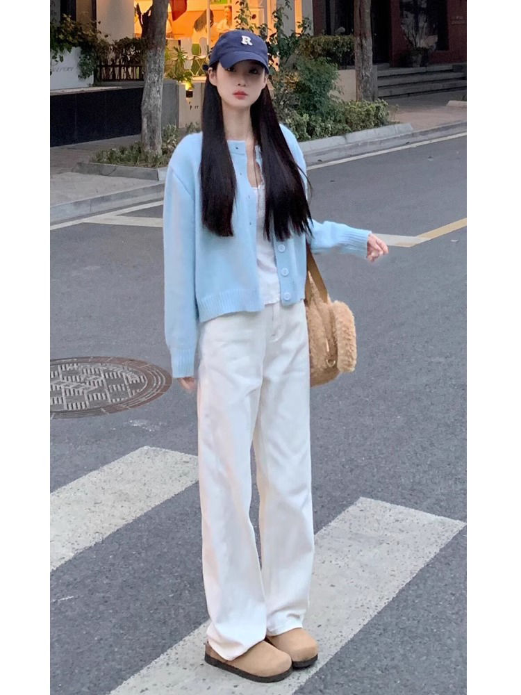 白色不貼腿直筒牛仔褲女冬季新款韓版高腰寬鬆顯瘦百搭闊腿褲子潮