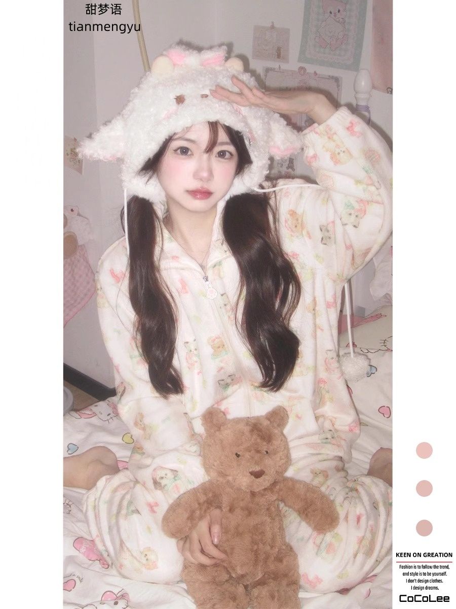 韓版ins睡衣女冬季新款加厚保暖法蘭絨珊瑚絨卡通可愛家居服套裝