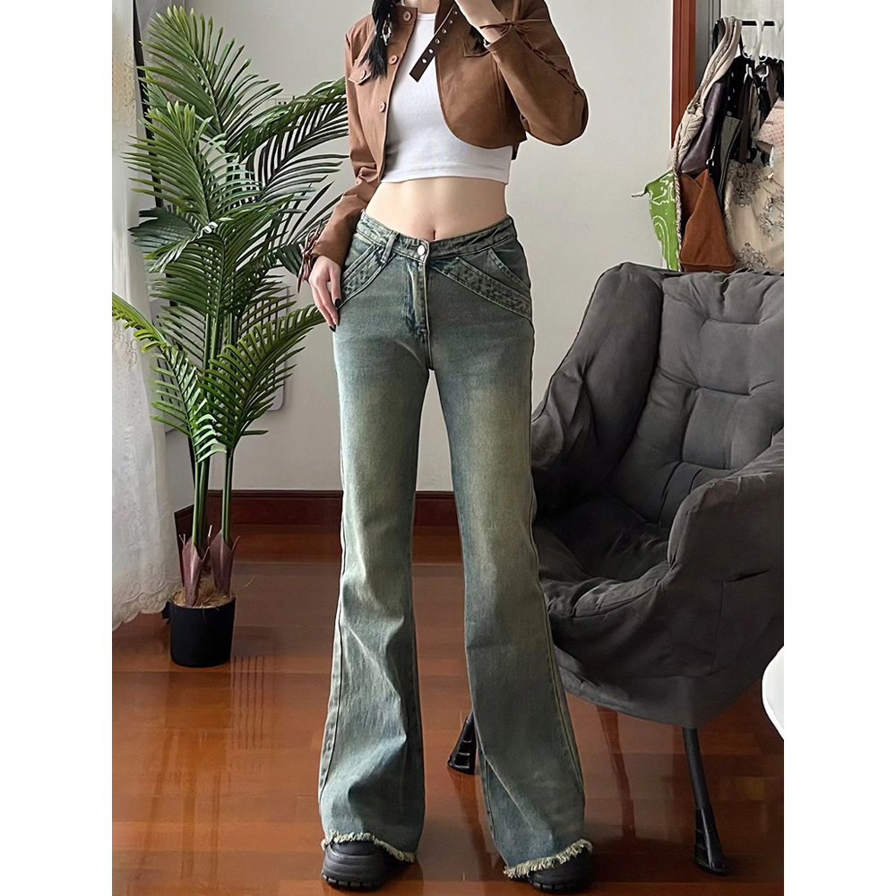 美式復古高腰加長微喇牛仔褲女秋冬新款設計感顯瘦拖地馬蹄褲子潮