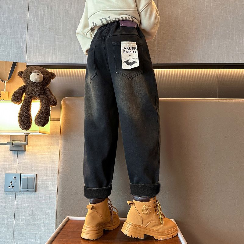 女童加絨牛仔褲2023洋氣女大童冬季加厚一體絨老爹褲兒童冬裝褲子