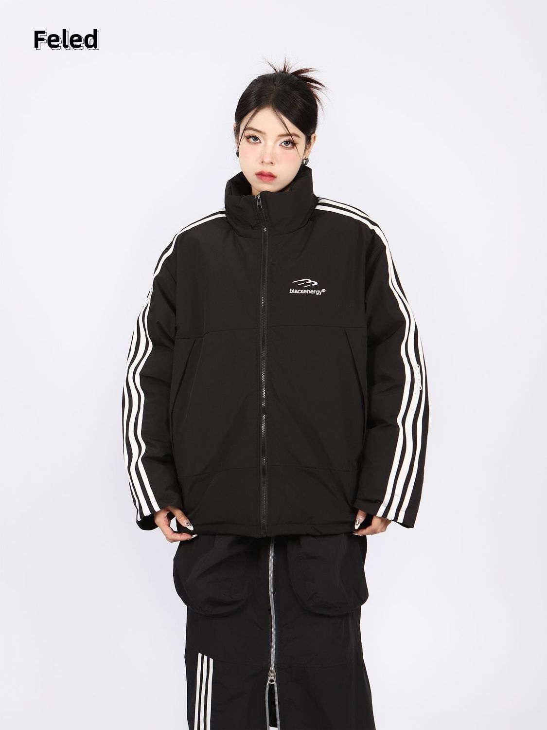 飛拉丹頓秋冬季美式潮牌棉服外套男女棉衣條紋拼接oversize上衣