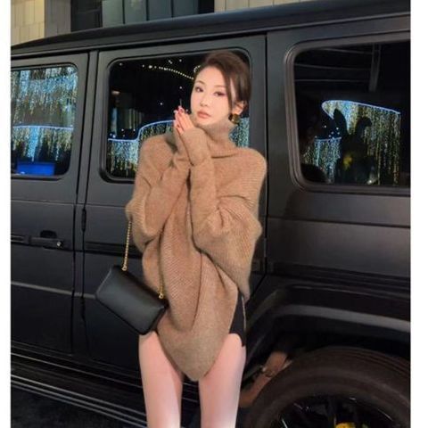 不規則純色高領套頭毛衣女秋冬季新款軟糯慵懶風寬鬆百搭針織上衣