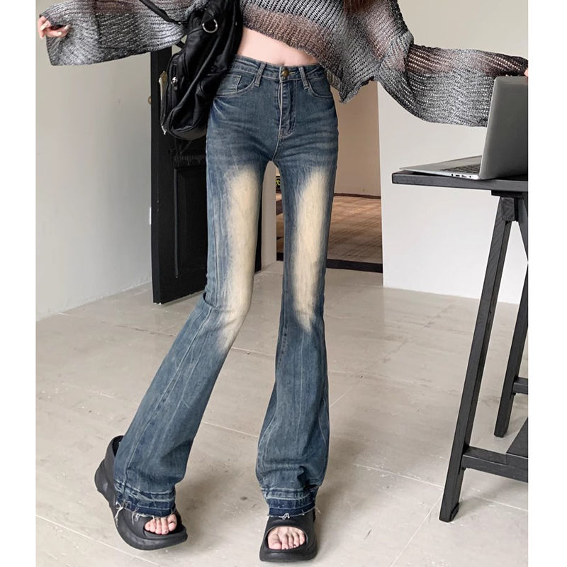 辣妹美式復古微喇叭牛仔褲女小個子高腰彈力直筒顯瘦馬蹄長褲子潮
