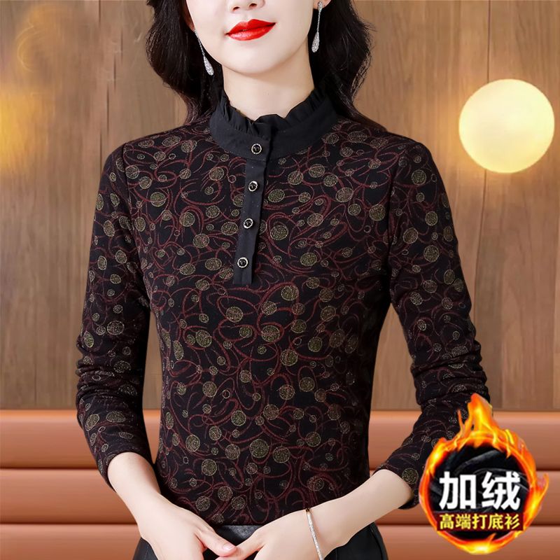 專櫃同款加絨加厚南韓紗打底衫秋冬新款洋氣中年媽媽長袖女士上衣