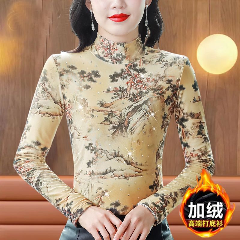 專櫃高檔南韓紗打底衫秋冬新款女上衣印花燙鑽半高領中年媽媽小衫