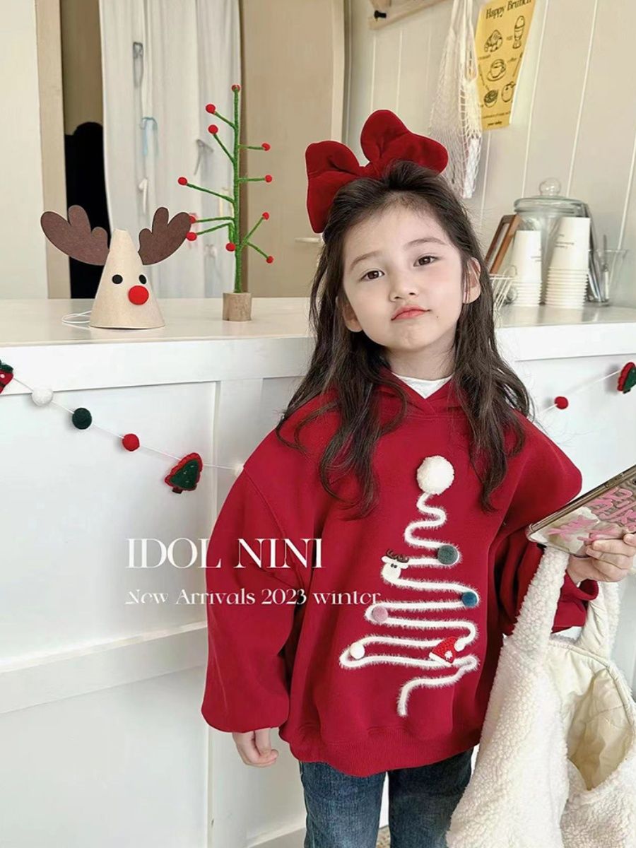 Girls' fleece hooded sweatshirt  autumn and winter new style children's red hoodie girls winter thickened tops