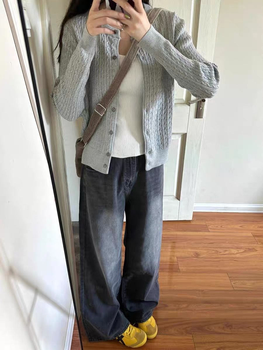水洗做舊黑灰色直筒牛仔褲女秋冬小眾設計寬鬆闊腿拖地休閒長褲潮