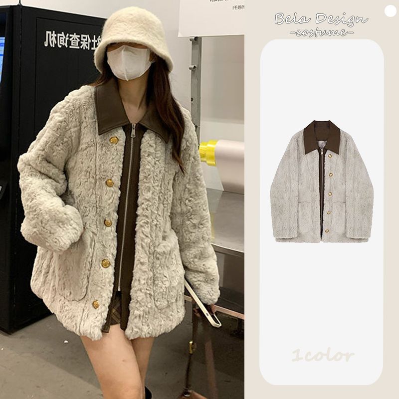 皮毛一體翻領羊羔毛外套女秋冬2023新款小個子高級感加厚保暖大衣