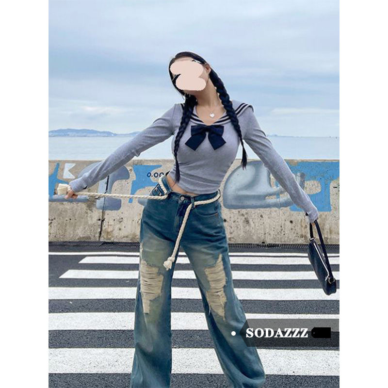SODAZZZ蝴蝶結水手領收腰上衣女秋冬季撞色修身顯瘦內搭打底衫T恤