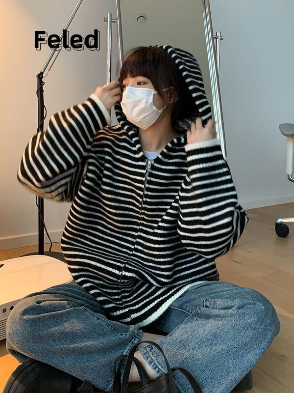 飛拉丹頓條紋連帽毛衣開衫男女秋冬新款寬鬆慵懶顯瘦洋氣織衫外套