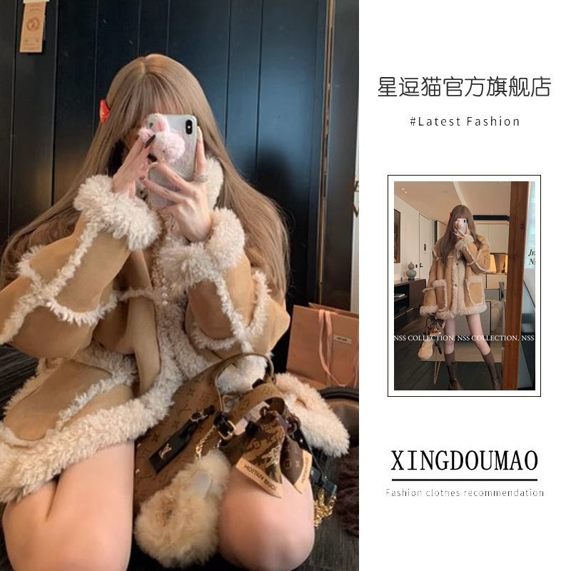 拼接羊羔外套女2023秋冬新款高級加厚小香風麂皮皮毛一體毛呢大衣