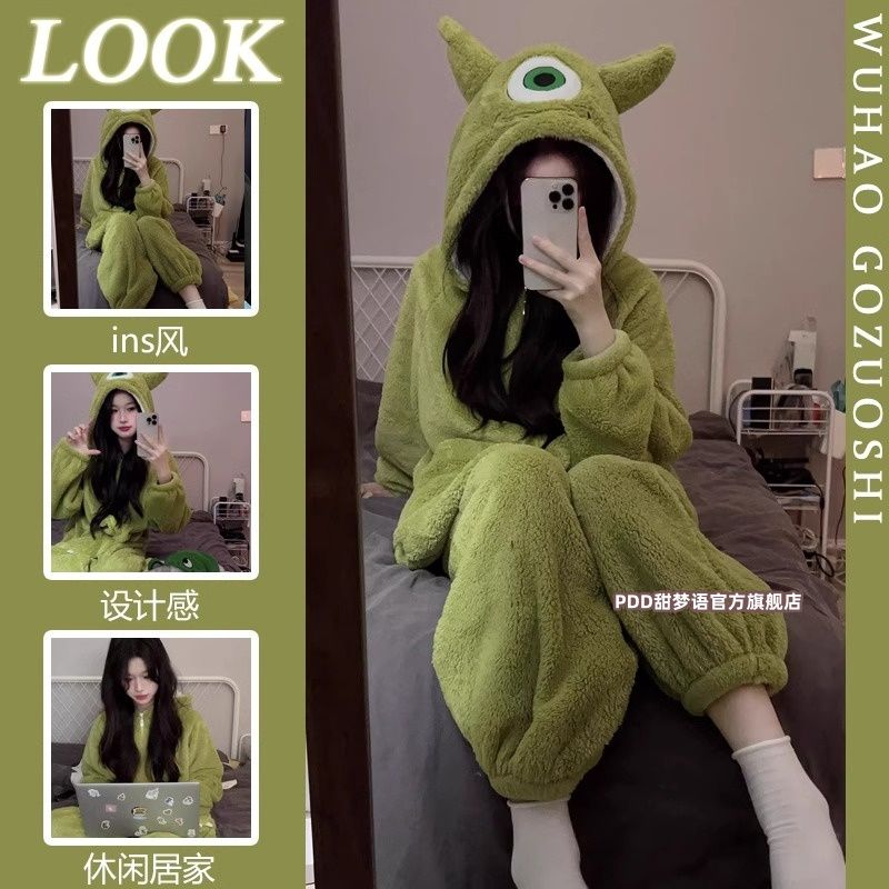 ins秋冬季睡衣女加厚保暖法蘭絨珊瑚絨韓版可愛卡通家居服連體衣