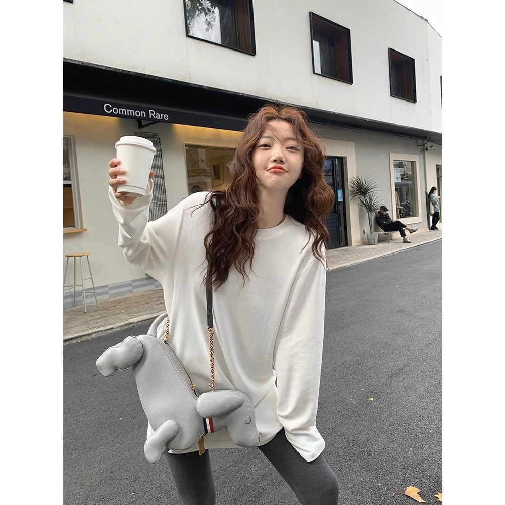 德絨寬鬆百搭圓領純色加厚保暖打底衫女疊穿秋冬內搭中長款上衣服
