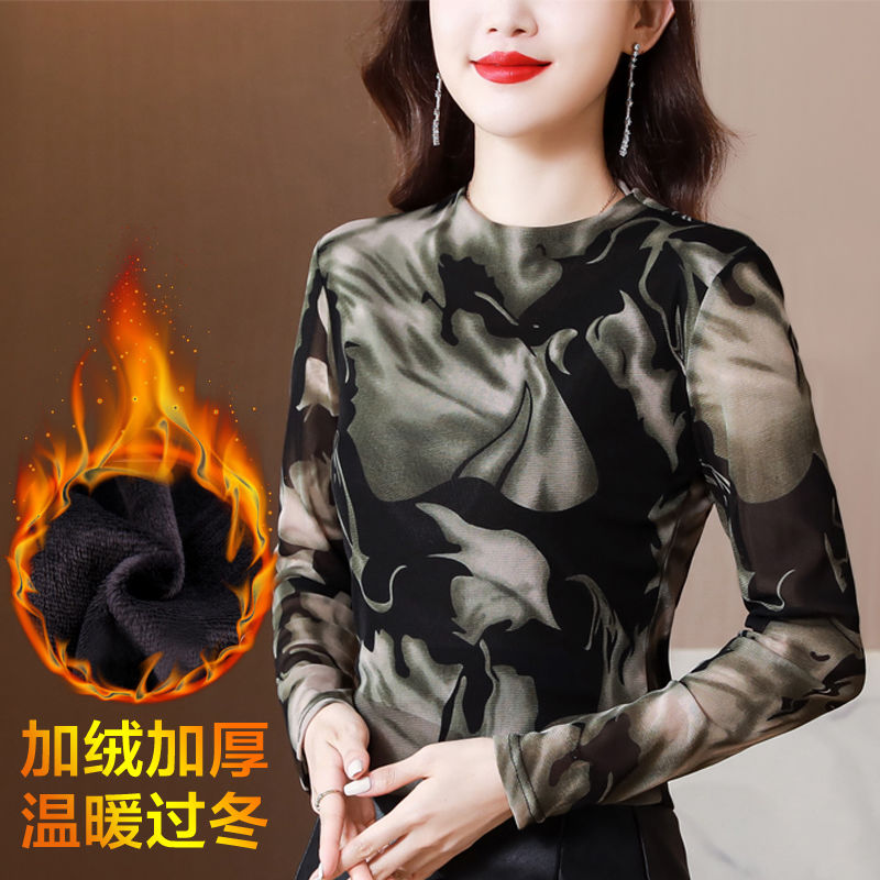 2023秋冬加絨新款印花網紗上衣女長袖大碼洋氣媽媽t恤小衫打底衫