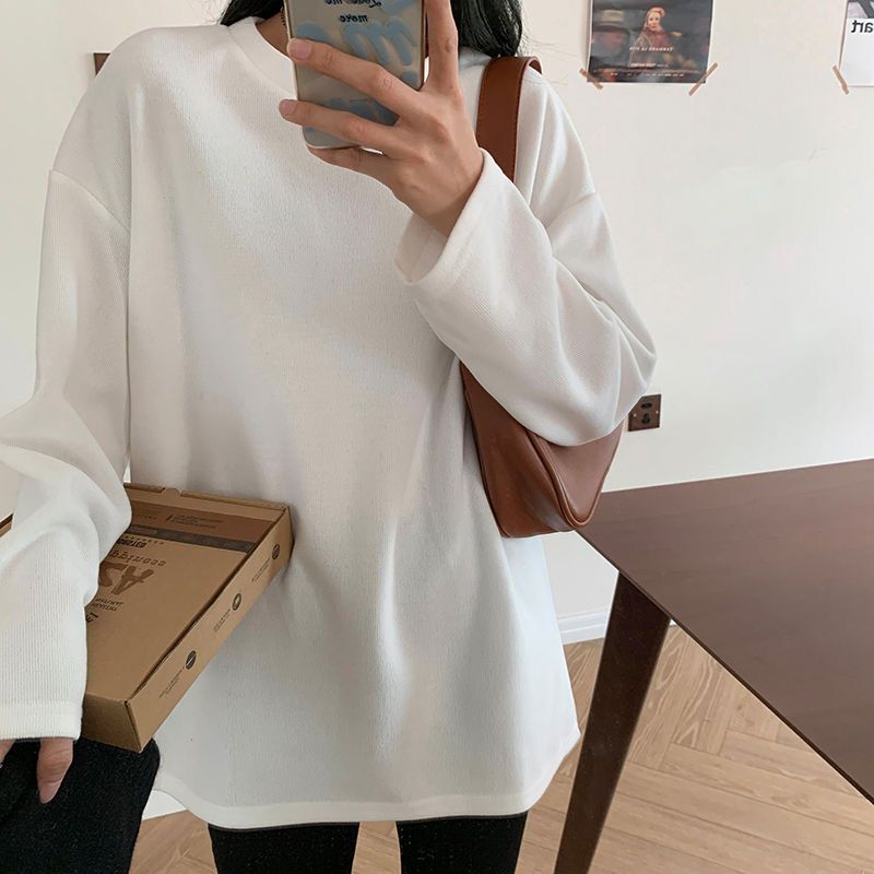 簡約白色打底衫女內搭雙面德絨保暖加厚秋冬季寬鬆長袖t恤女上衣