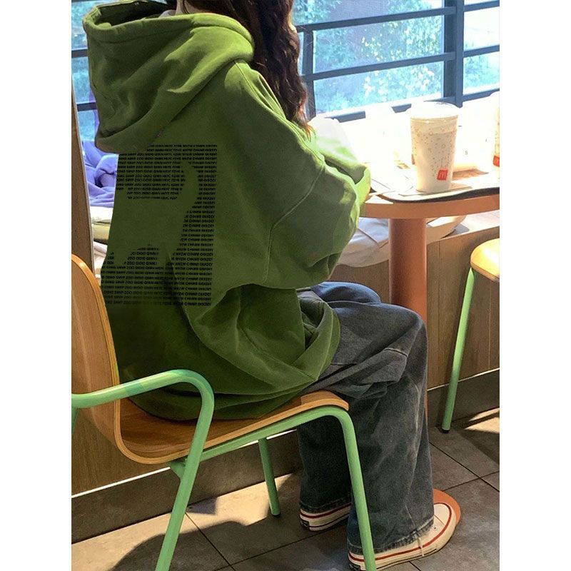 秋冬新款加絨加厚貓咪印花衛衣女連帽綠色上衣oversize學生打底衫