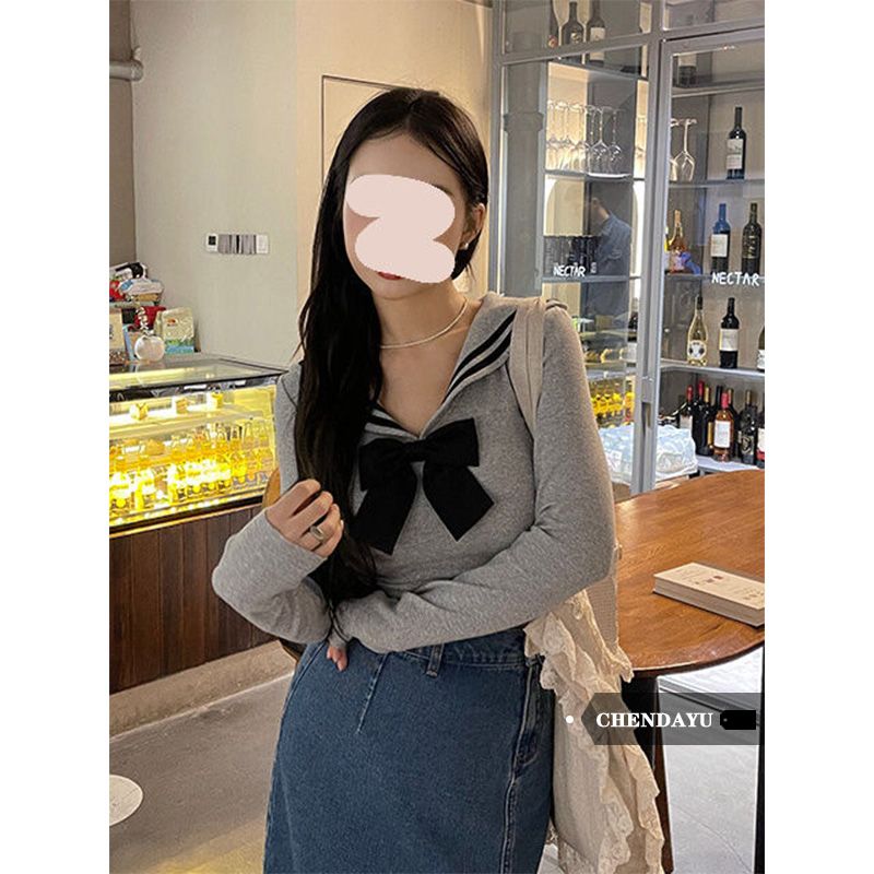 陳大鈺灰色撞色蝴蝶結海軍上衣T恤女收腰修身建設氣質純欲打底衫