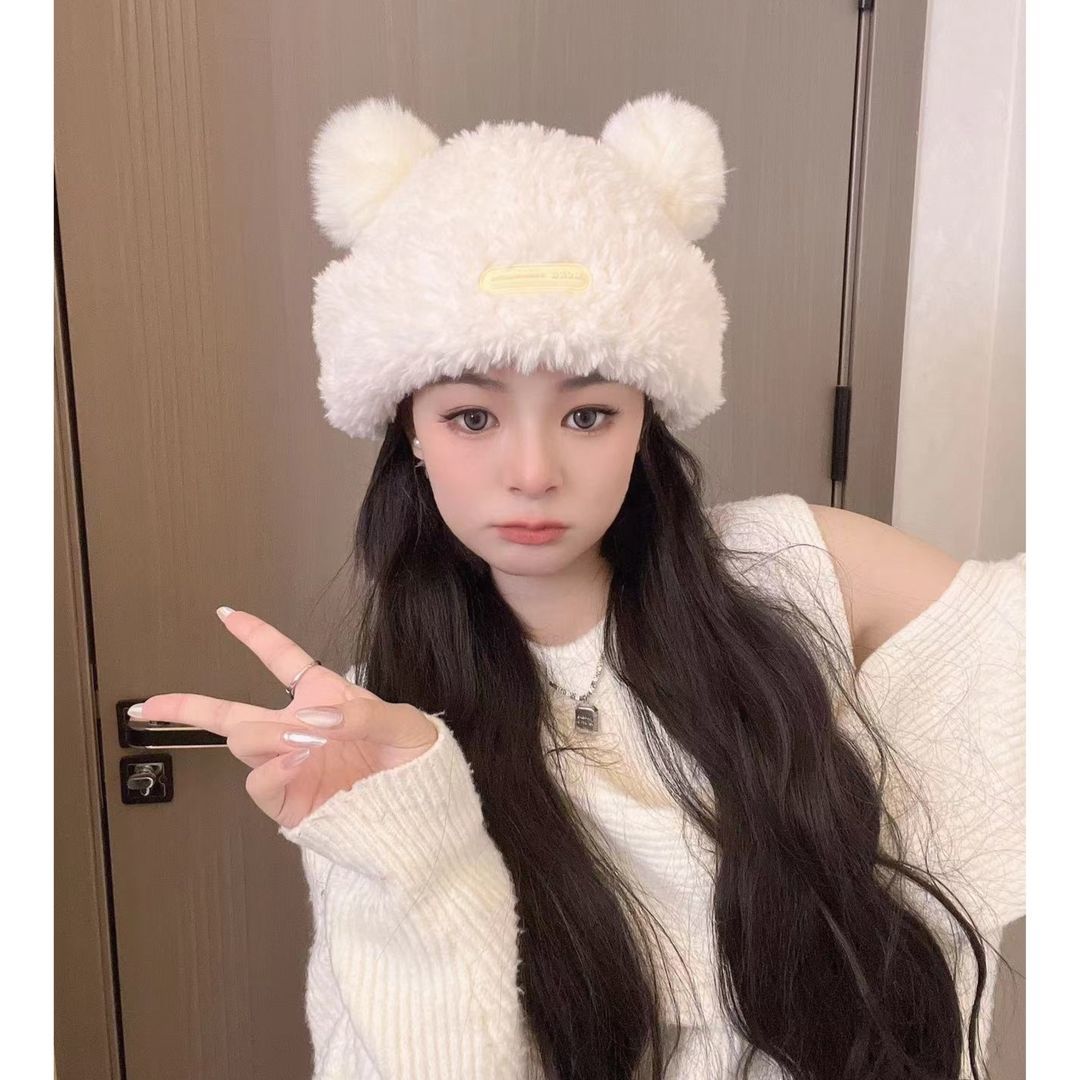 [Correct version of the big ball bear hat] Autumn and winter ear protection hat with velvet and thickened plush face-showing small warm hat