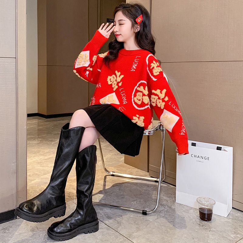 女童毛衣2023新款洋氣女大童冬季新年紅色線衣兒童冬裝加厚打底衫