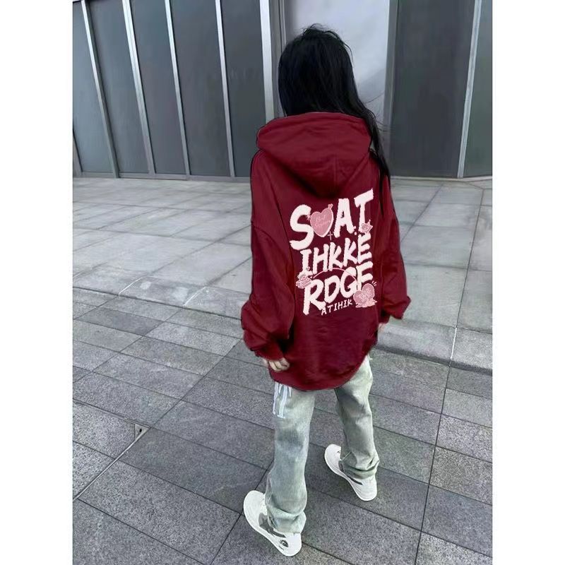 秋冬韓版新款酒紅色連帽衛衣男女學生情侶寬鬆慵懶風加絨外套上衣