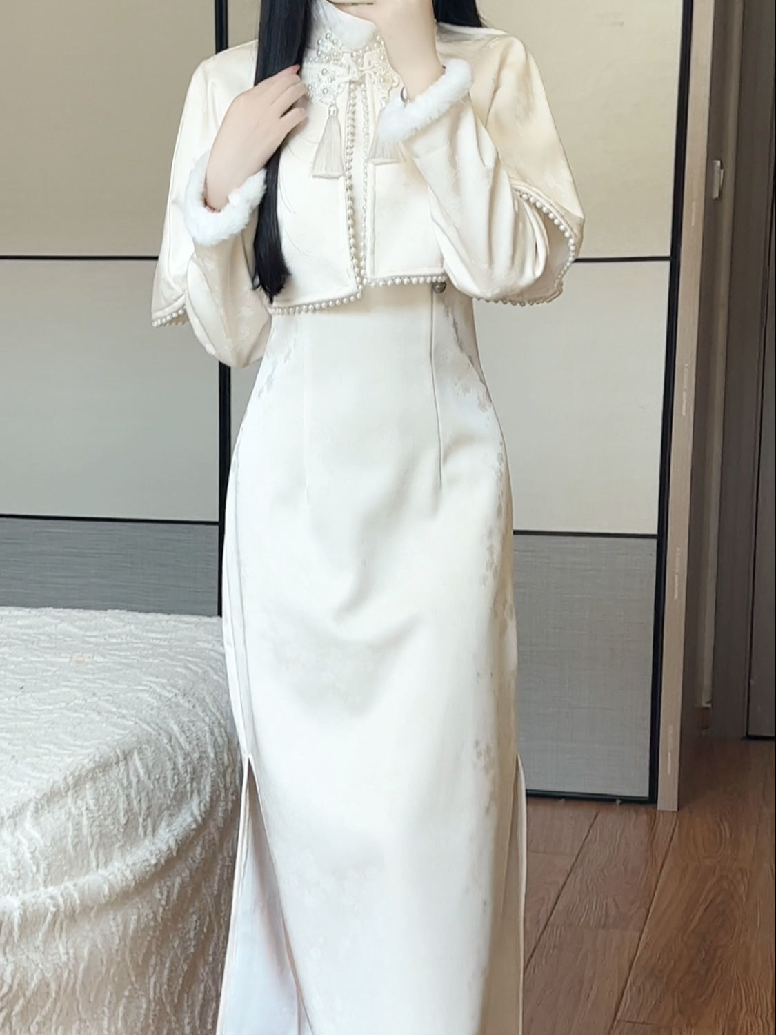 抹茶2023年冬季新款司藤旗袍高端氣質少女加絨加厚長袖兩件套