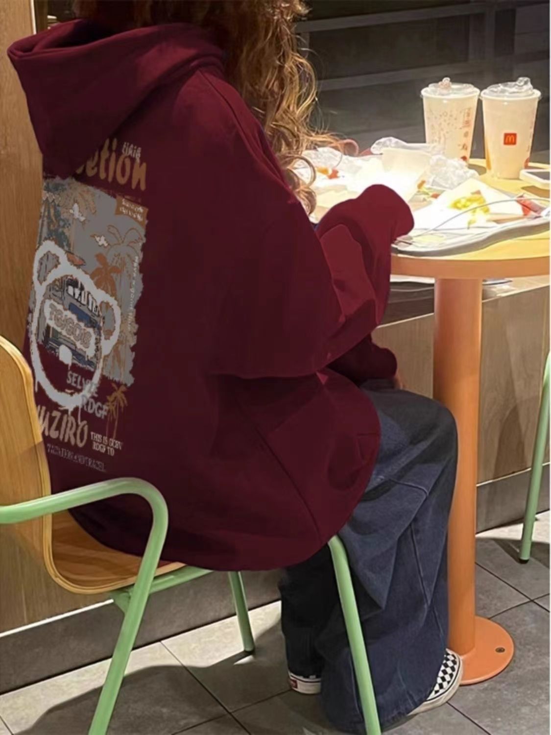 美式潮牌酒紅色衛衣女秋冬新款加絨加厚寬鬆慵懶風高街連帽外套