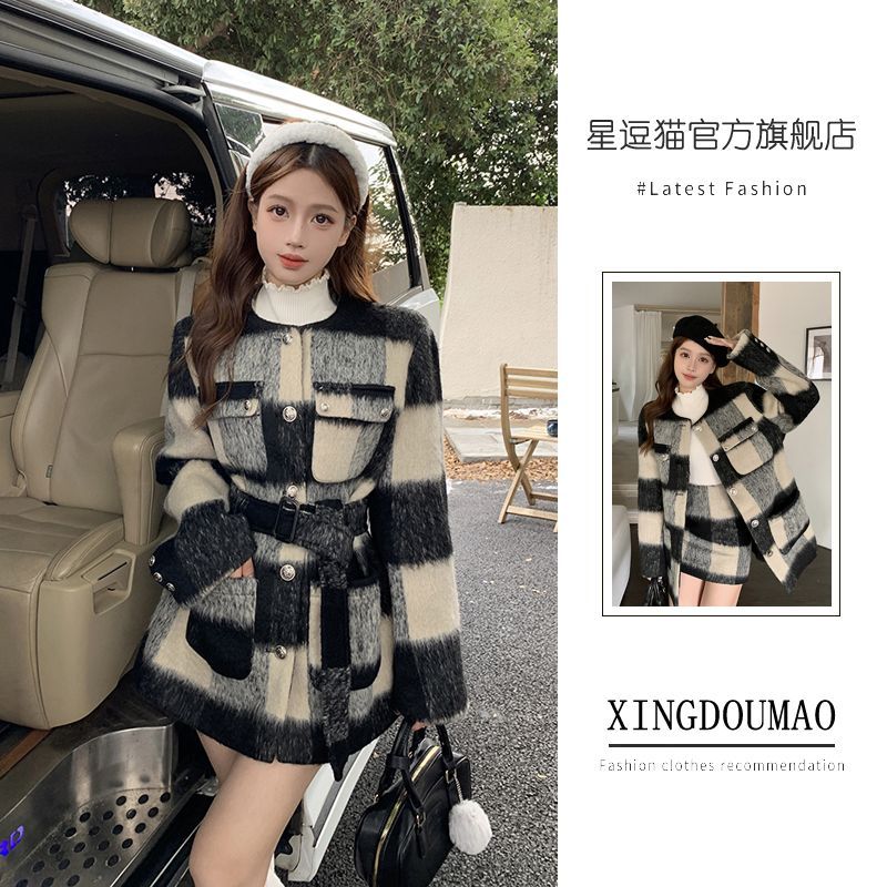 Suit women's  autumn and winter new thickened small suit coat retro plaid skirt quilted woolen jacket