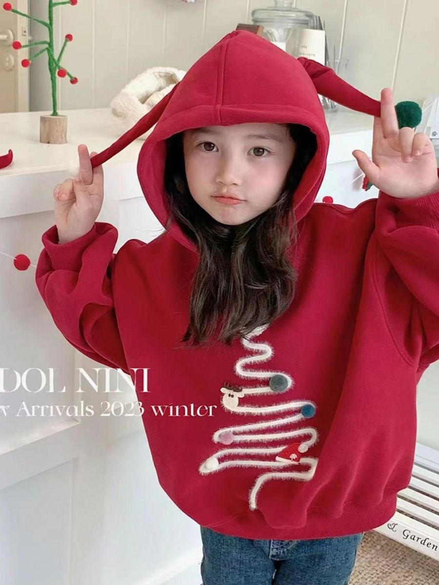 Girls' fleece hooded sweatshirt  autumn and winter new style children's red hoodie girls winter thickened tops