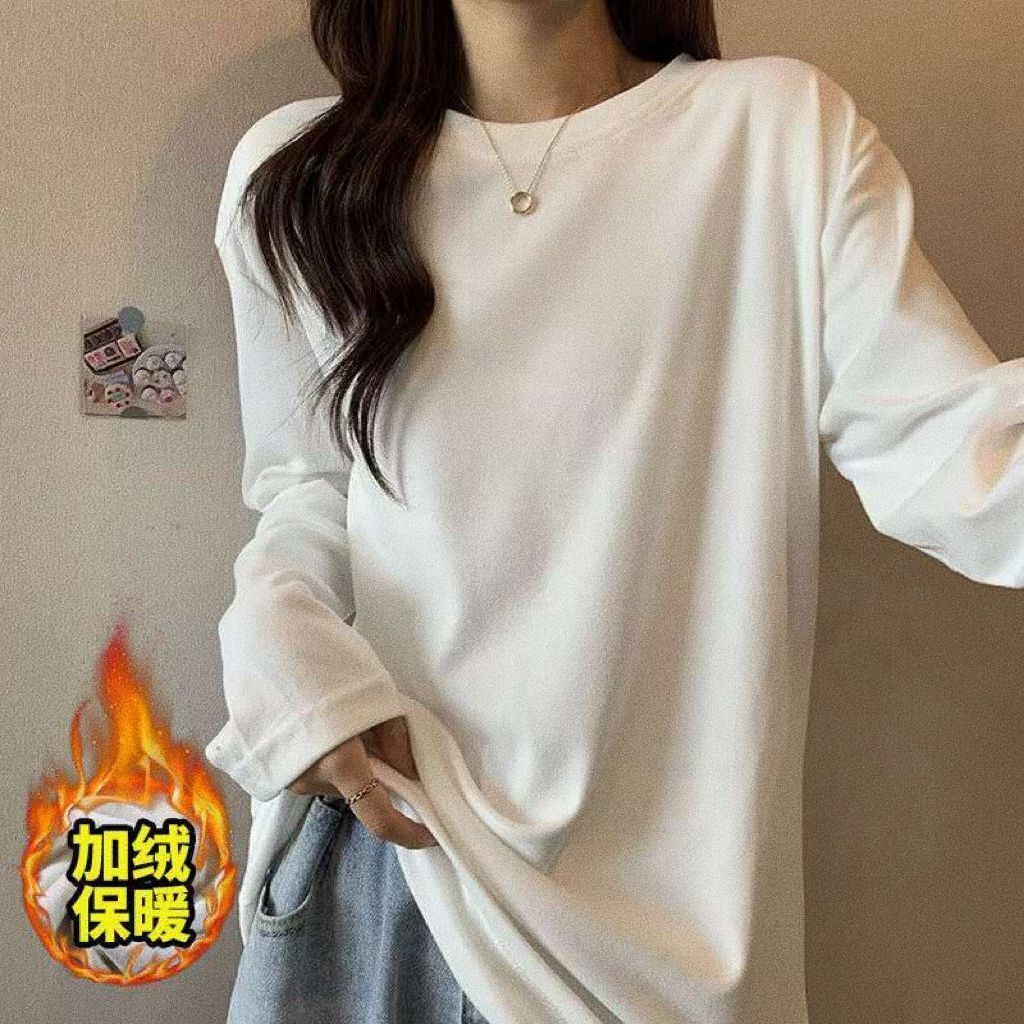 2023秋冬新款長袖T恤女寬鬆黑色雙面德絨純色打底衫內搭上衣ins潮