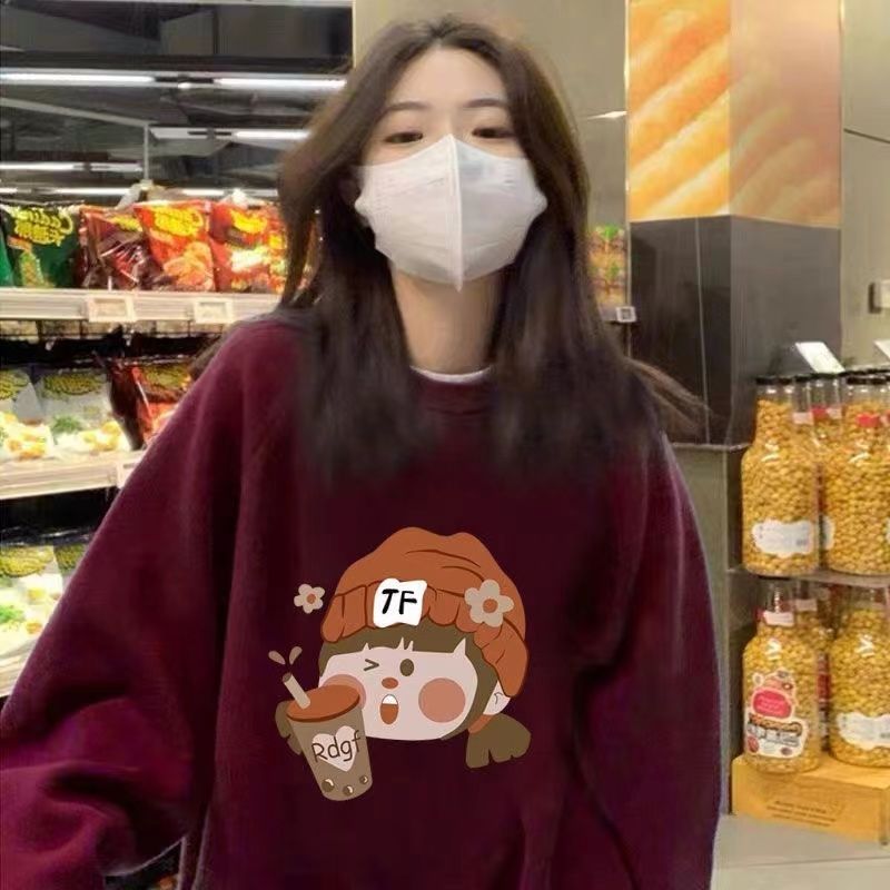 秋冬新款卡通圓領衛衣女寬鬆oversize加絨加厚小眾獨特設計感上衣