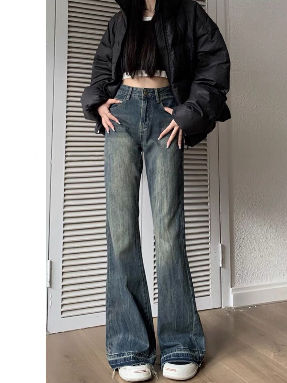 美式高街復古微喇牛仔褲女秋冬新款高腰顯瘦寬鬆闊腿喇叭拖地褲子