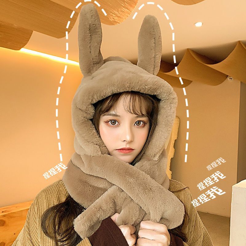 Hats for women in autumn and winter, versatile and cute rabbit ears scarf, integrated neck scarf, ear protection, warm winter hot street Internet celebrity model