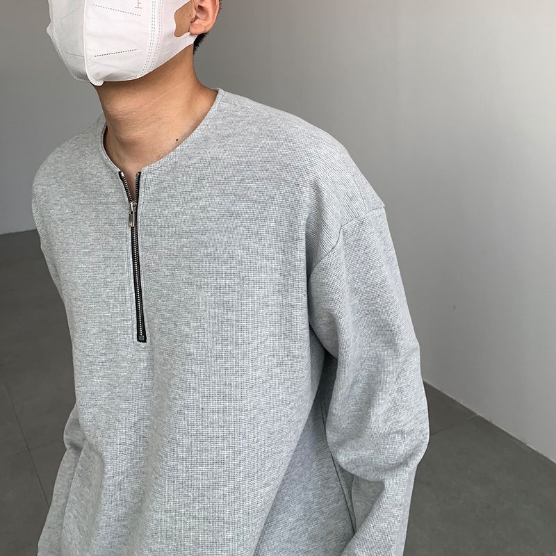 美式半拉鏈華夫格純色長袖T恤男秋冬新款寬鬆內搭復古潮牌衛衣ins