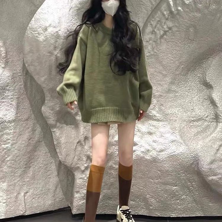 春秋冬新款日系復古奶fufu綠色毛衣女寬鬆外穿慵懶風套頭針織上衣