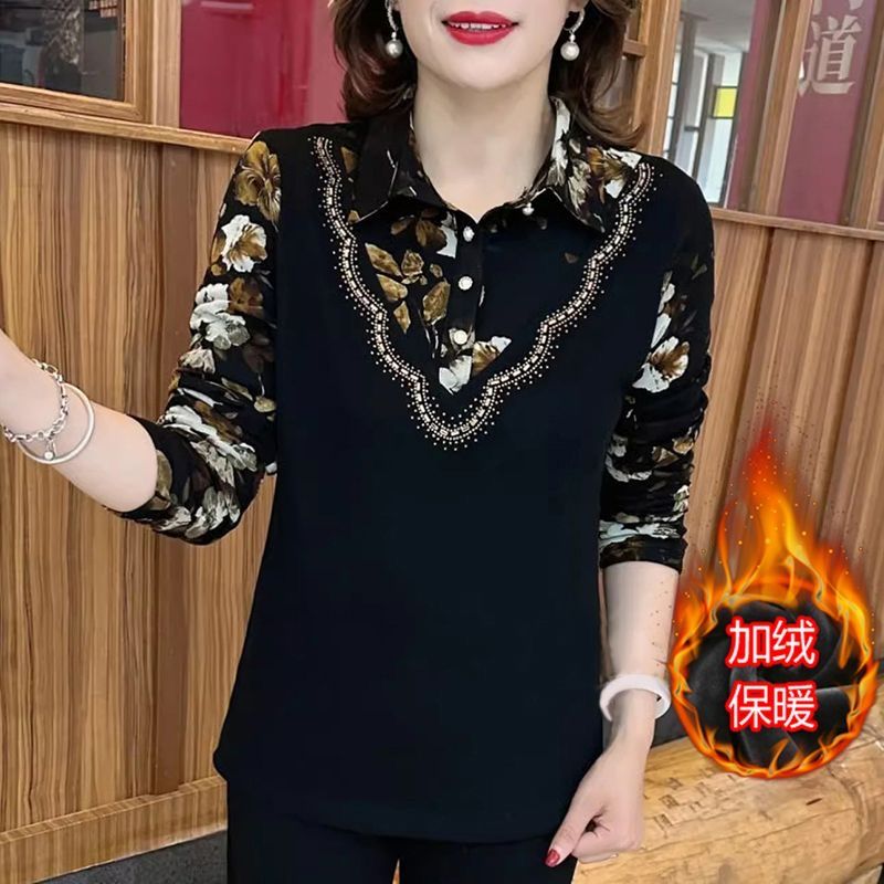 2023秋冬新款加絨加厚保暖假兩件襯衣女寬鬆遮肉中老年媽媽打底衫