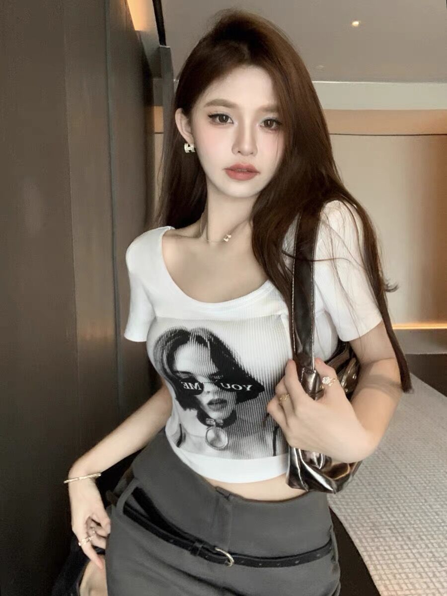 bm風時尚方領美式辣妹t恤女學生夏天短款露瑣骨百搭緊身體恤上衣