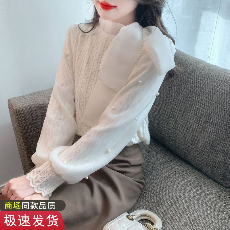 法式半高領加絨蕾絲衫女冬季新款寬鬆洋氣蝴蝶結上衣網紗長袖小衫