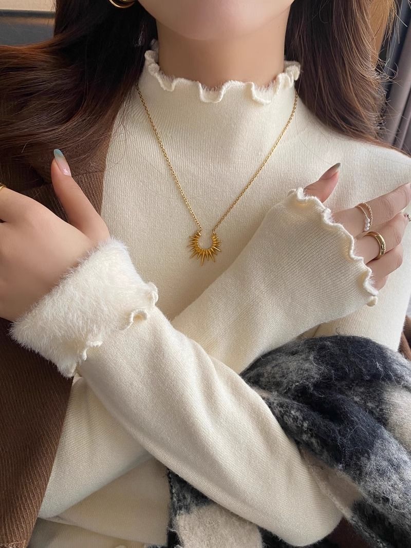 木耳邊加絨毛衣女秋冬2023新款加厚打底衫內搭半高領針織保暖上衣