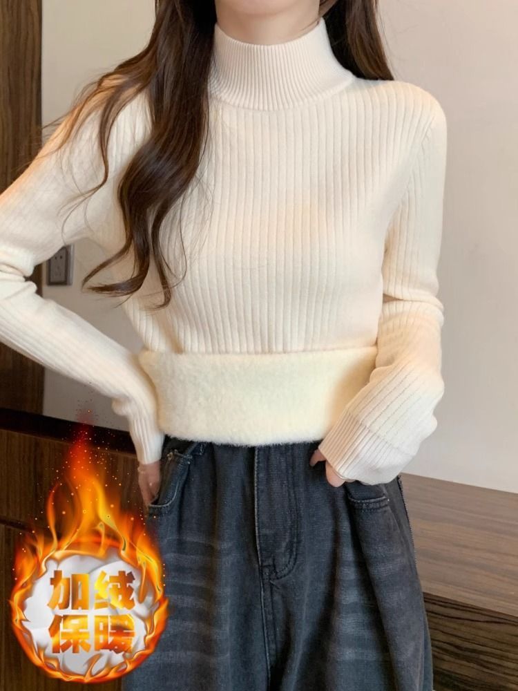 加絨半高領針織打底衫女秋冬內搭毛衣chic溫柔法式甜辣妹長袖上衣