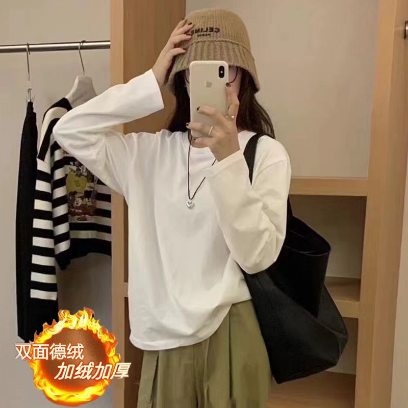 加厚雙面徳絨圓領白色打底衫女加絨秋冬磨毛內搭純色寬鬆中長T恤