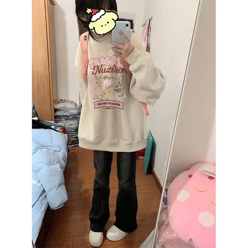 加絨圓領衛衣女2023春秋冬季新款oversize寬鬆顯瘦長袖外套ins潮