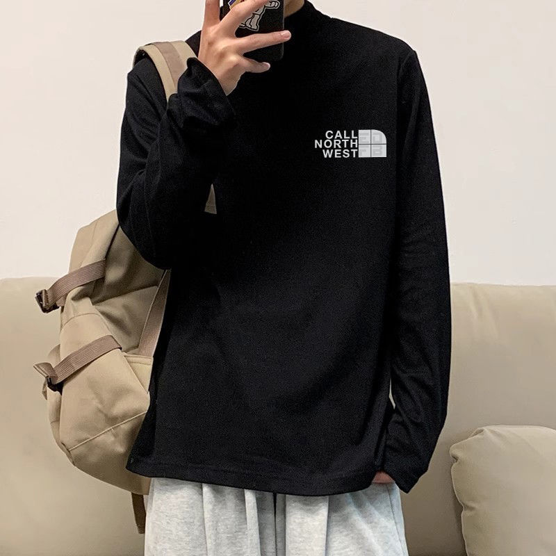 秋冬新款修身潮牌黑色半高領長袖T恤男德絨百搭休閒上衣ins打底衫