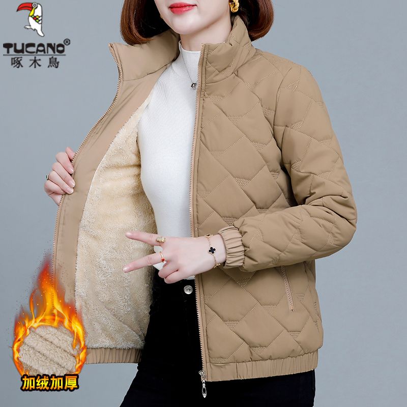啄木鳥加絨加厚保暖棉襖秋冬季新款立領防風女士時髦夾克棉服外套