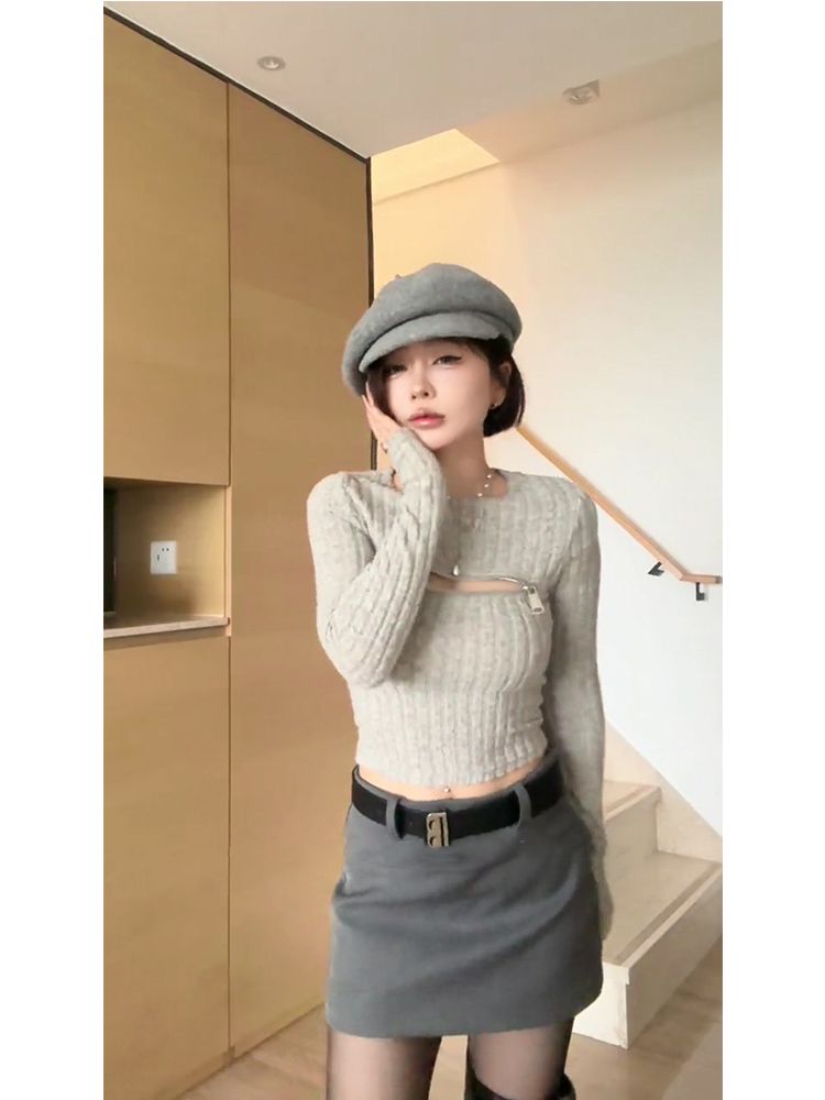 純欲辣妹奶fufu燕麥灰少女上衣女夾心奧奧拉鏈圓領長袖針織打底衫