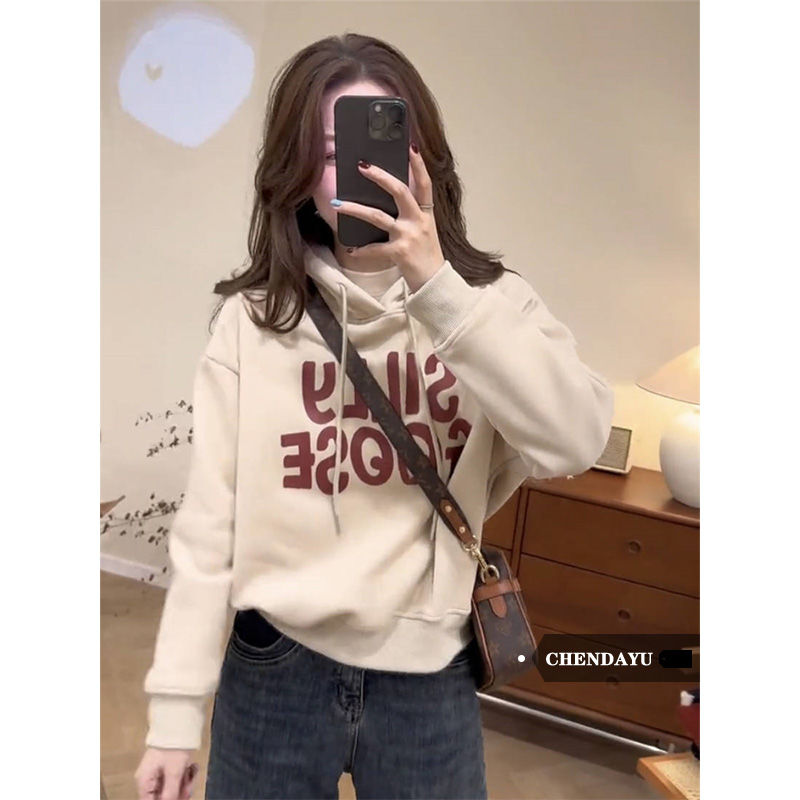 Chen Dayu short hooded thickened sweatshirt for women in autumn and winter new popular silver fox velvet style loose top for women trendy