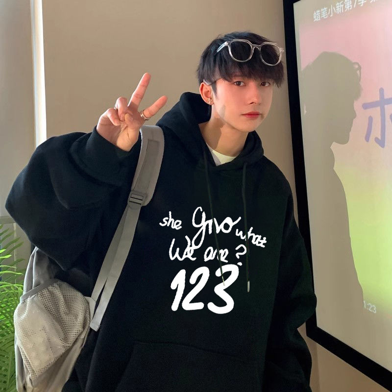 Autumn and winter hooded sweatshirt for men with velvet letter print, men's tops, loose Japanese style coats, high street handsome clothes