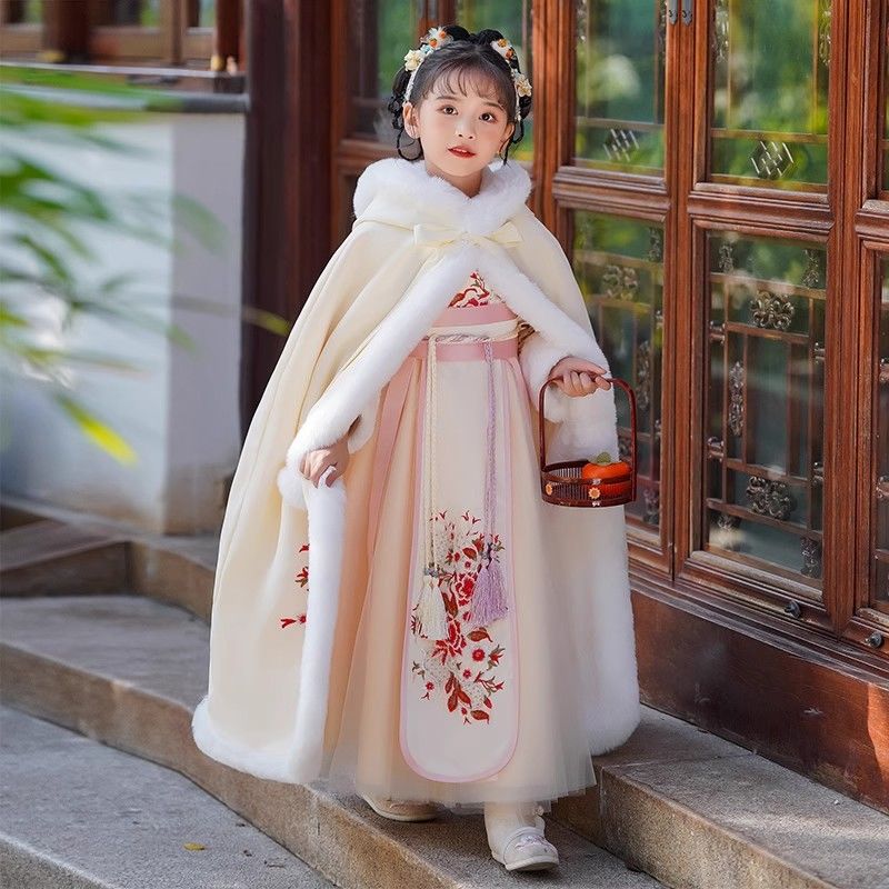 漢服女童冬季2023新款兒童冬裝國風套裝女孩加絨款公主裙子拜年服