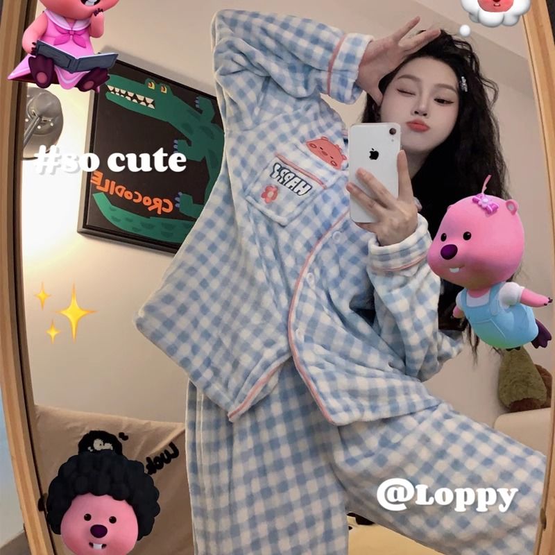 ins風可愛卡通小海狸珊瑚絨睡衣女秋冬季加厚加絨開衫保暖家居服
