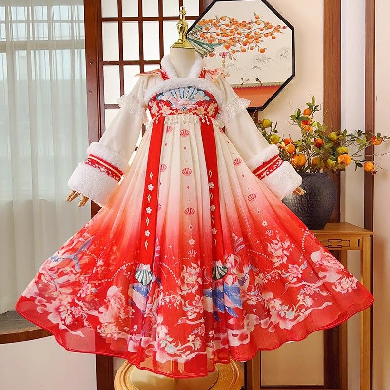 兒童漢服冬款女童加絨唐裝2023年新款中國風過年拜年服冬季連衣裙
